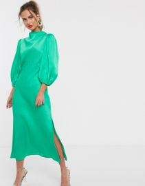 ASOS DESIGN cowl neck satin tea midi dress with puff sleeve   ASOS at Asos